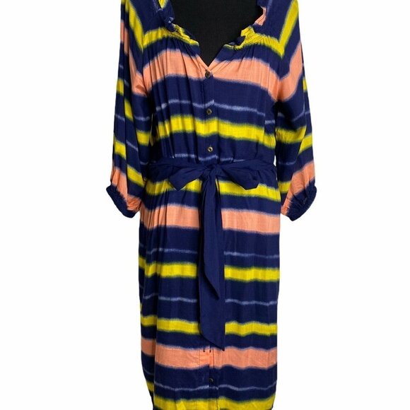 Porridge Womens Multicolor Long‎ Sleeve V Neck Striped Button Tie Shift Dress 8 - Picture 1 of 9